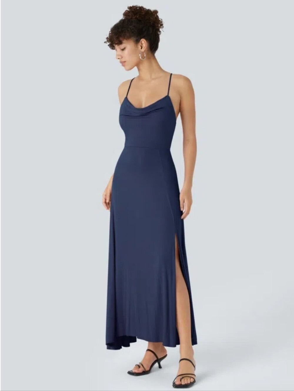 Halara NWT Cowl Neck Strappy Lace Up Midi Dress Size Medium Color Nightfall Blue